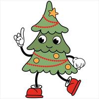 Retro Christmas tree kawaii. Cute Christmas tree with a face, arms and legs. vector