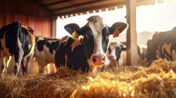 Cows at cowshed eating hay or fodder on dairy farm. Generative Ai photo