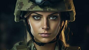 A strong looking woman wearing military uniform including camouflage fatigues and a helmet. She is ready for war to protect and serve her country. Generative Ai photo