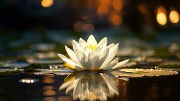 A white lotus in a golden magic pond. Generative Ai photo