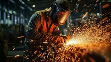 a Worker cutting metal with many sharp sparks in the factory. Industrial metal. Generative Ai photo