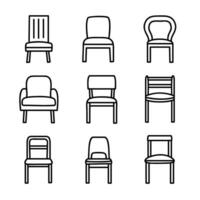 Set of chair linear icons, furniture icon set, shape outline, on white background, 2D front view, flat simple vector illustration.