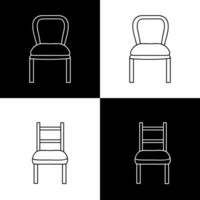 Icons for chairs on black and white backgrounds, simple sketch outlines, 2D, line art, furniture shapes, flat vector illustration.