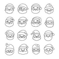 Set of cute Santa Claus face, outlined cartoon characters, hand drawing elements, line art, flat icons, vector illustration