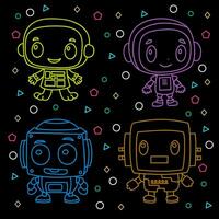 Robot cartoon characters with color outlines, 2D, linear style icons, on black background, flat vector illustration