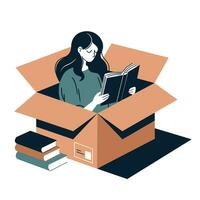 Young woman reading book in box. Isolated woman reading a book. Reading time. Young woman self isolation in her home. vector