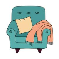 Cozy armchair with blanket and pillow colored outline. Hand drawn doodle armchair. Hand drawn vector art.