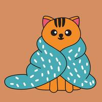 Cute cat with blanket. Kitty in blanket. Hand drawn doodle cat, outline. Vector illustraiton.