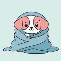 Cute dog in blanket isolated on background. Little dog in blanket in doodle style. Puppy in blanket outline. Hand drawn vector art.