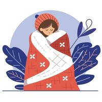Cute girl standing covered in blanket. Young woman in blanket, cozy feeling. Hand drawn vector illustraiton.