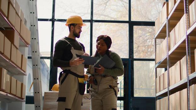 African american manager and trainee preparing warehouse orders for delivery, using tablet to verify shipping informations, crosschecking online data and scanning stock labels in distribution center photo