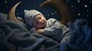 A baby is sleeping cozy sleep under the stars and the moon at night. Generative Ai photo