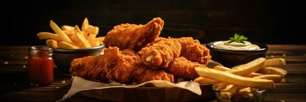 Crispy fried chicken tenders and french fries on wooden table. Generative Ai photo