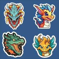 Four Vibrant Dragon Stickers, with Expressive Styles on a Blue Background vector