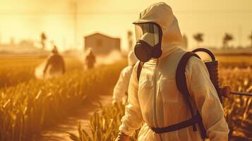 un hombre vestir protector ropa fumigando campo con pesticida o insecticida. generativo ai foto