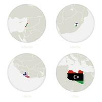 Líbano, Lesoto, Liberia, Libia mapa contorno y nacional bandera en un círculo. vector