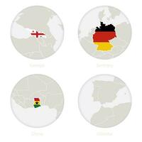 Georgia, Germany, Ghana, Gibraltar map contour and national flag in a circle. vector