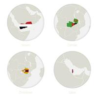 Yemen, Zambia, Zimbabwe, Qatar map contour and national flag in a circle. vector