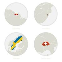 Suriname, Swaziland, Sweden, Switzerland map contour and national flag in a circle. vector