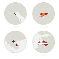 Kuwait, Kyrgyzstan, Laos, Latvia map contour and national flag in a circle. vector