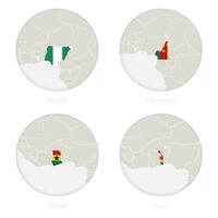 Nigeria, Camerún, Ghana, ir mapa contorno y nacional bandera en un círculo. vector