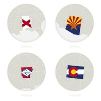 Alabama, Arizona, Arkansas, Colorado US states map contour and national flag in a circle. vector