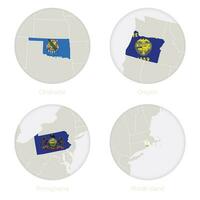 Oklahoma, Oregon, Pennsylvania, Rhode Island US states map contour and national flag in a circle. vector