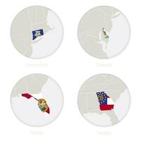 Connecticut, Delaware, Florida, Georgia US states map contour and national flag in a circle. vector