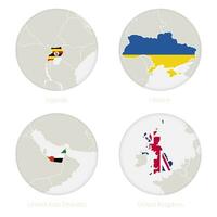 Uganda, Ukraine, United Arab Emirates, United Kingdom map contour and national flag in a circle. vector