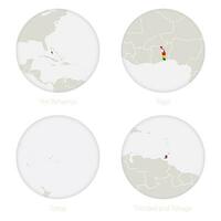 el bahamas, ir, tonga, trinidad y tobago mapa contorno y nacional bandera en un círculo. vector