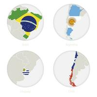 Brazil, Argentina, Uruguay, Chile map contour and national flag in a circle. vector