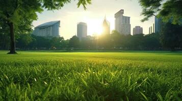 Bangkok beautiful view from Lumpini Park. Green grass field in park at city center with office building urban background Thailand. Generative Ai photo