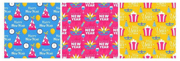Set of Happy New Year 2024 Seamless Pattern Illustration with Elements New Years Background Design vector