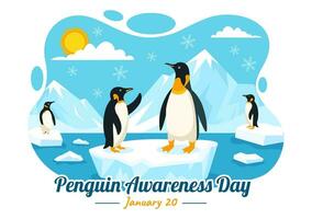 pingüino conciencia día vector ilustración en 20 enero con pingüinos y iceberg a conservar animales en plano dibujos animados antecedentes diseño