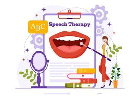 Speech Therapy Vector Illustration with Kids Training Basic Language Skills and Articulation Problem in Education Flat Cartoon Background Templates