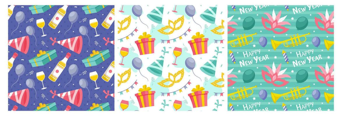 Set of Happy New Year 2024 Seamless Pattern Illustration with Elements New Years Background Design