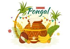 Happy Pongal Vector Illustration of Traditional Tamil Nadu India Festival Celebration with Sugarcane and Plate of Religious Props in Flat Background