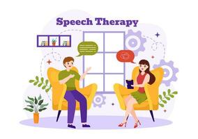 Speech Therapy Vector Illustration with Kids Training Basic Language Skills and Articulation Problem in Education Flat Cartoon Background Templates