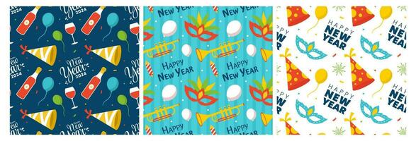 Set of Happy New Year 2024 Seamless Pattern Illustration with Elements New Years Background Design vector