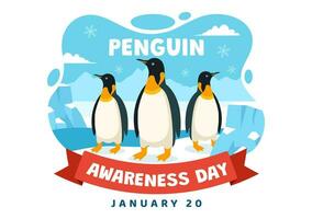 pingüino conciencia día vector ilustración en 20 enero con pingüinos y iceberg a conservar animales en plano dibujos animados antecedentes diseño