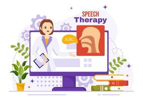 Speech Therapy Vector Illustration with Kids Training Basic Language Skills and Articulation Problem in Education Flat Cartoon Background Templates