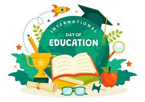 International Education Day Vector Illustration on 24 January with Student, Earth Globe and Study Element in Knowledge Flat Cartoon Background Design