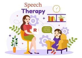 Speech Therapy Vector Illustration with Kids Training Basic Language Skills and Articulation Problem in Education Flat Cartoon Background Templates