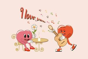 Retro Happy Valentine's Day. Song for your beloved in a cafe. Happy characters in love. Retro characters. vector