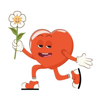 Retro Happy Valentine's Day. Happy heart character in trendy retro 60s 70s cartoon style.