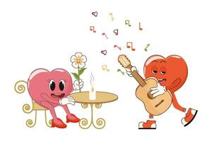 Retro Happy Valentine's Day. Song for your beloved in a cafe. Happy characters in love. Retro characters. vector