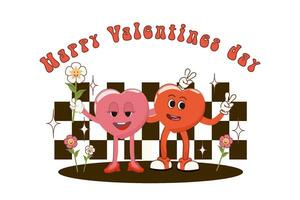 Retro cartoon poster with funny characters and background. Happy Valentine's Day. vector