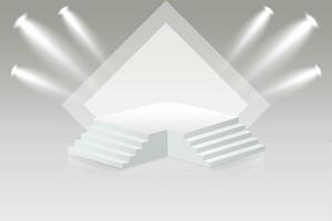 White realistic 3d podium with stairs. Against the background of a diamond-shaped window on a clean wall. Abstract studio. Minimal scene for products, for showcase, advertising layout display. vector