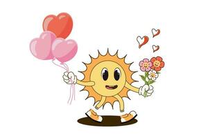 Retro Happy Valentine's Day. Retro sun with gifts.Happy characters in love. Retro characters. Vector illustration