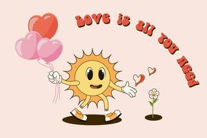 Retro Happy Valentine's Day. Love is all you need. Character in trendy retro 60s 70s cartoon style. vector